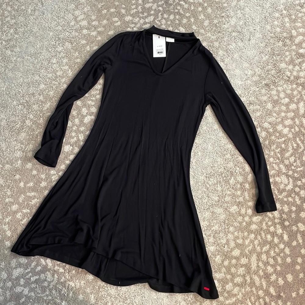 Castro black mini swing dress v neck/mock neck detail